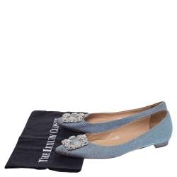 Pre Owned Manolo Blahnik Grey Glitter Hangisi Ballet Flats Size 38