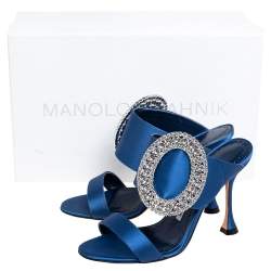 Pre Owned Manolo Blahnik Blue Satin Fibiona Crystal Embellished Mules Size 35.5