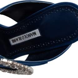 Pre Owned Manolo Blahnik Blue Satin Fibiona Crystal Embellished Mules Size 35.5