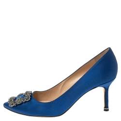 Pre Owned Manolo Blahnik Blue Satin Hangisi Pumps Size 39