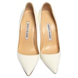 Pre Owned Manolo Blahnik White Patent Leather BB Pointed Toe Pumps Size 37
