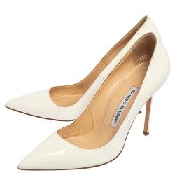 Pre Owned Manolo Blahnik White Patent Leather BB Pointed Toe Pumps Size 37