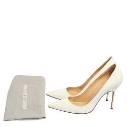 Pre Owned Manolo Blahnik White Patent Leather BB Pointed Toe Pumps Size 37