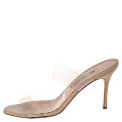 Pre Owned Manolo Blahnik  Beige PVC And Leather Slide Sandals Size 39.5