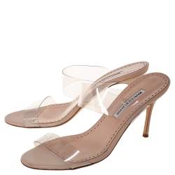 Pre Owned Manolo Blahnik  Beige PVC And Leather Slide Sandals Size 39.5