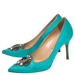 Pre Owned Manolo Blahnik Green  Satin Pearl Embellished  Pumps Size 38