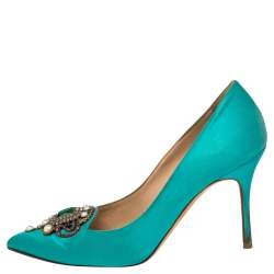 Pre Owned Manolo Blahnik Green  Satin Pearl Embellished  Pumps Size 38