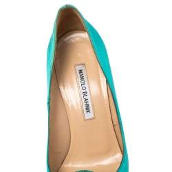 Pre Owned Manolo Blahnik Green  Satin Pearl Embellished  Pumps Size 38