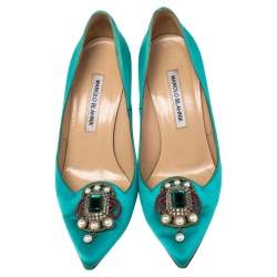 Pre Owned Manolo Blahnik Green  Satin Pearl Embellished  Pumps Size 38