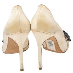 Manolo Blahnik Beige Satin Crystal Embellished Pointed Toe Pumps Size 37