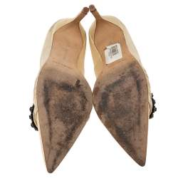 Manolo Blahnik Beige Satin Crystal Embellished Pointed Toe Pumps Size 37