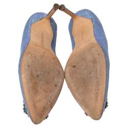 Pre Owned Manolo Blahnik Blue Glitter Fabric Hangisi Pumps Size 36.5