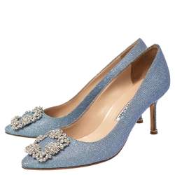 Pre Owned Manolo Blahnik Blue Glitter Fabric Hangisi Pumps Size 36.5