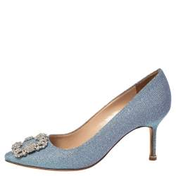 Pre Owned Manolo Blahnik Blue Glitter Fabric Hangisi Pumps Size 36.5