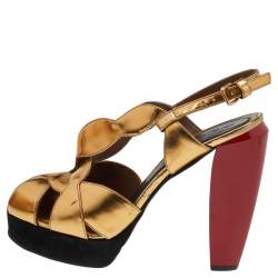 Pre Owned Marni Gold Patent Leather Peep Toe Platform Sandals Size 41
