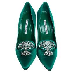 Pre Owned حذاء كعب عالي مانولو بلانيك ساتان أخضر زمرد مزخرف مقاس 39.5