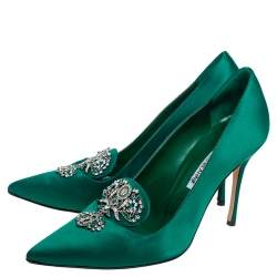 Pre Owned حذاء كعب عالي مانولو بلانيك ساتان أخضر زمرد مزخرف مقاس 39.5