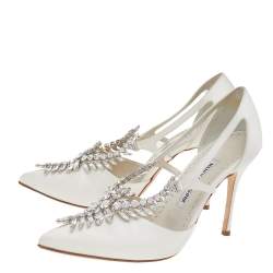 Pre Owned Manolo Blahnik White Satin Lala Crystal Embellished Pointed Toe Pumps Size 38