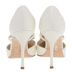 Pre Owned Manolo Blahnik White Satin Lala Crystal Embellished Pointed Toe Pumps Size 38