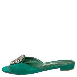 Pre Owned Manolo Blahnik Green Satin Crystal Martamod Flat Sandals size 37