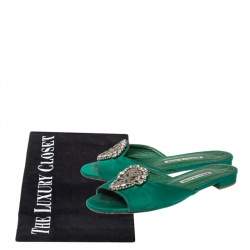 Pre Owned Manolo Blahnik Green Satin Crystal Martamod Flat Sandals size 37