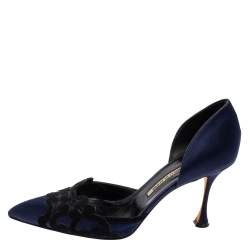 Manolo Blahnik Navy Blue Satin and Suede Embroidered D'Orsay Pointed Toe Pumps Size 39