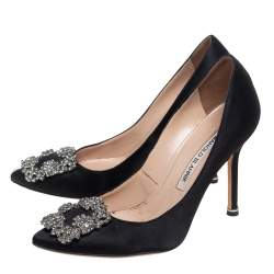 Pre Owned Manolo Blahnik  Black Satin Hangisi Pumps Size 35.5
