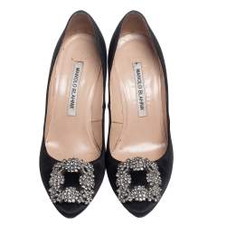 Pre Owned Manolo Blahnik  Black Satin Hangisi Pumps Size 35.5