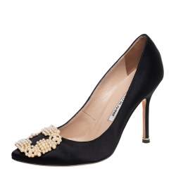 Pre Owned Manolo Blahnik Black Satin Hangisi Pumps Size 36.5