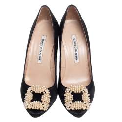 Pre Owned Manolo Blahnik Black Satin Hangisi Pumps Size 36.5