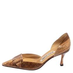Pre Owned Manolo Blahnik Brown Snakeskin Leather D`Orsay  Pumps Size 37