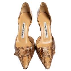 Pre Owned Manolo Blahnik Brown Snakeskin Leather D`Orsay  Pumps Size 37
