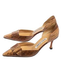 Pre Owned Manolo Blahnik Brown Snakeskin Leather D`Orsay  Pumps Size 37