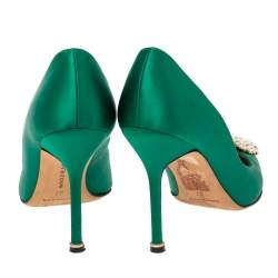 Pre Owned Manolo Blahnik  Green Satin Hangisi Pumps Size 37