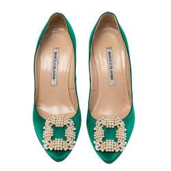 Pre Owned Manolo Blahnik  Green Satin Hangisi Pumps Size 37