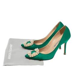 Pre Owned Manolo Blahnik  Green Satin Hangisi Pumps Size 37