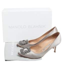 Pre Owned حذاء كعب عالي مانولو بلانيك هانغيسي ساتان رمادي مقاس 37