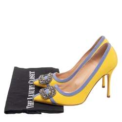 Pre Owned Manolo Blahnik Yellow/Blue Fabric Gotrian Pumps Size 36.5