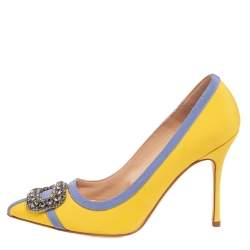 Pre Owned Manolo Blahnik Yellow/Blue Fabric Gotrian Pumps Size 36.5
