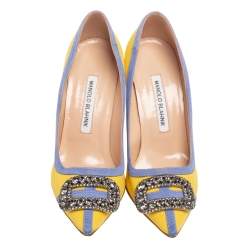 Pre Owned Manolo Blahnik Yellow/Blue Fabric Gotrian Pumps Size 36.5