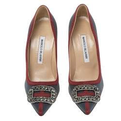 مملوكة مسبقًا Manolo Blahnik Grey/Red Canvas And  Satin  Gotrian Pumps Size 36.5