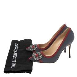 مملوكة مسبقًا Manolo Blahnik Grey/Red Canvas And  Satin  Gotrian Pumps Size 36.5