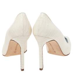 Pre Owned حذاء كعب عالي مانولو بلانيك بي بي مقدمة مدببة جلد ثعبان أبيض مقاس 36
