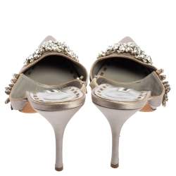 Pre Owned صندل مانولو بلانيك لوروم ساتان رصاصي مزخرف كريستال مقدمة مدببة مقاس 41