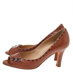 مملوكة مسبقًا Manolo Blahnik Brown Leather Peep-Toe Pumps Size 37