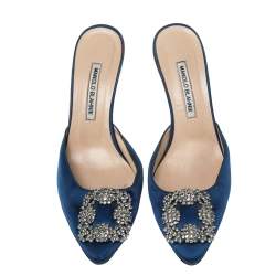 Pre Owned Manolo Blahnik Blue Satin Hangisi Pointed Toe Mules Size 38.5