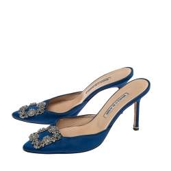 Pre Owned Manolo Blahnik Blue Satin Hangisi Pointed Toe Mules Size 38.5
