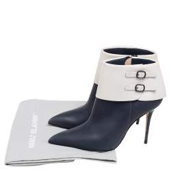 Manolo Blahnik Blue/White Leather Buckle Pointed Toe Ankle Boots Size 36