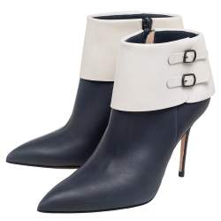 Manolo Blahnik Blue/White Leather Buckle Pointed Toe Ankle Boots Size 36