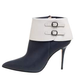 Manolo Blahnik Blue/White Leather Buckle Pointed Toe Ankle Boots Size 36